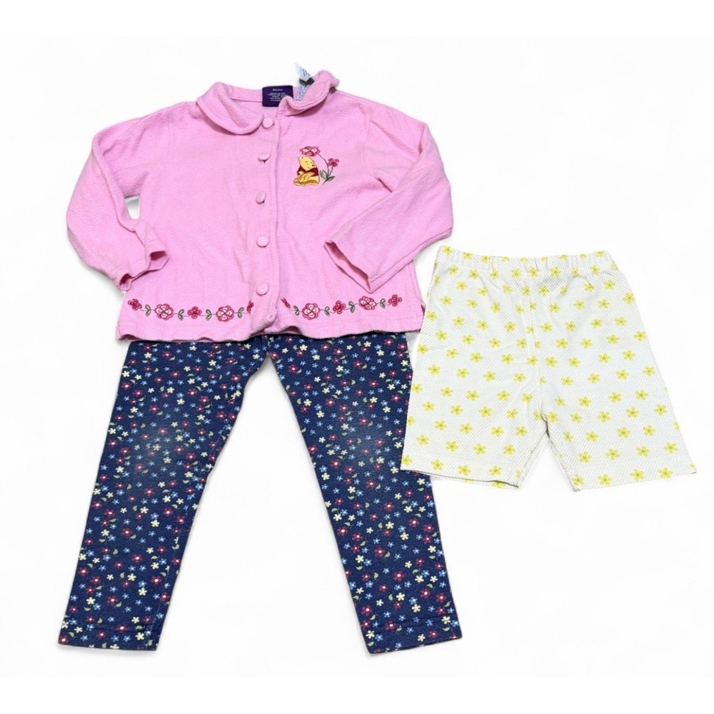 Vintage Disney Pooh Girls Size 4T Outfit Lot Pink Cardigan Floral Pants Short